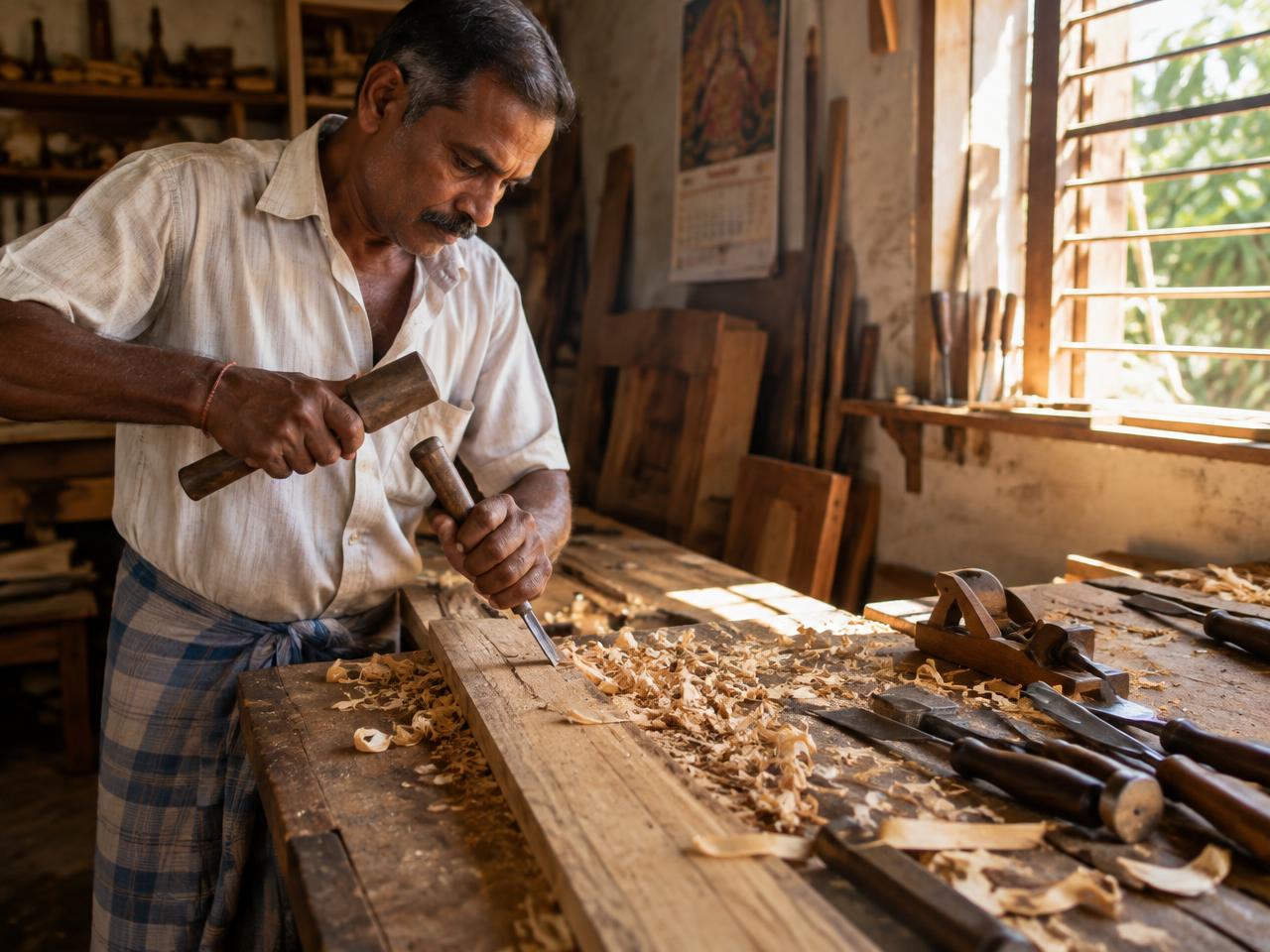 Carpenter chiselling wood in the workshop